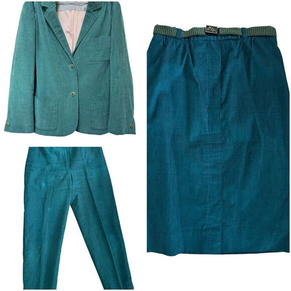 Vintage women’s 3 pc set blazer skirt pants emerald green corduroy Small - Picture 1 of 12